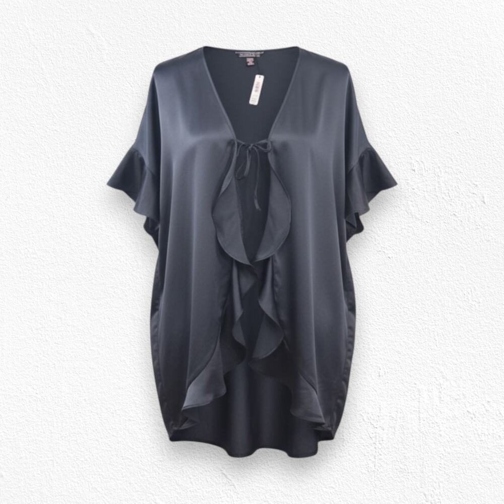 Victoria’s Secret Black Satin Open Front Ruffle Bed Jacket Top One Size NWT
